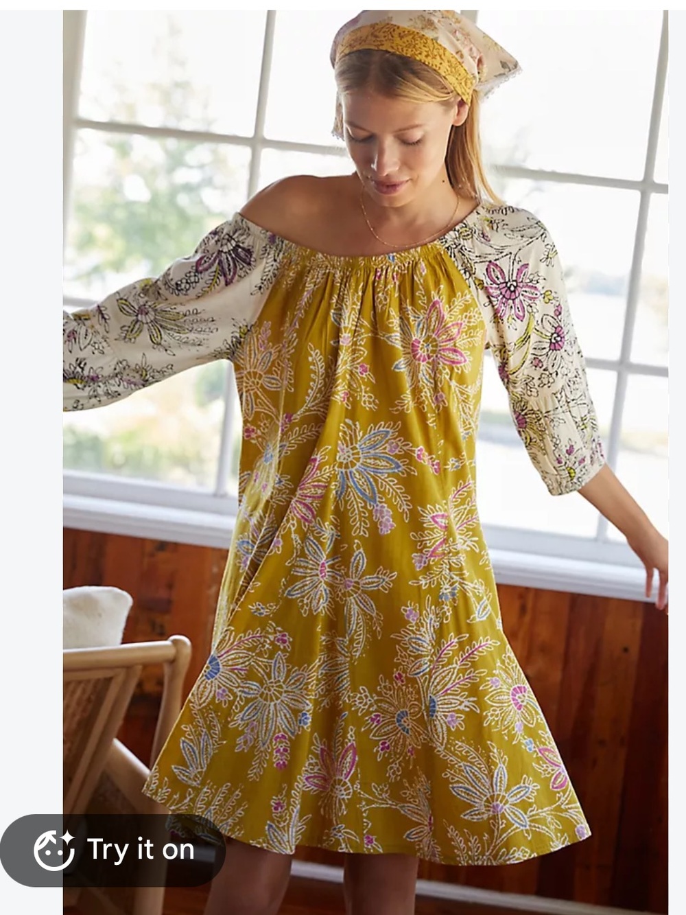 Anthropologie womans Mollie Mustard Floral Off-Shoulder midi Dress size S